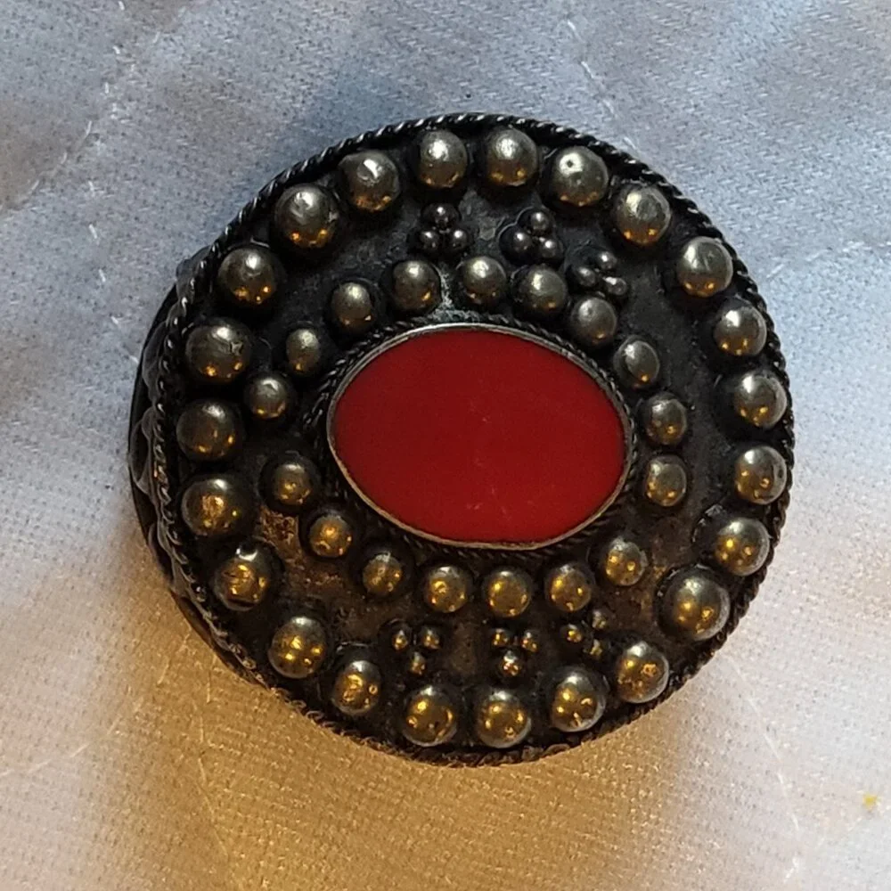 Vintage Red Dot Gold Toned Blue Velvet Lined Case Lidded Miniature Pill Case